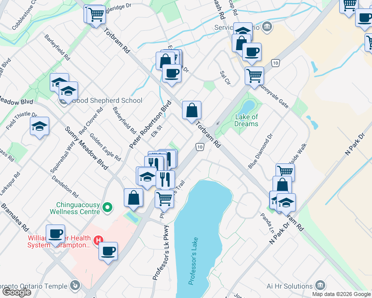 map of restaurants, bars, coffee shops, grocery stores, and more near in Brampton