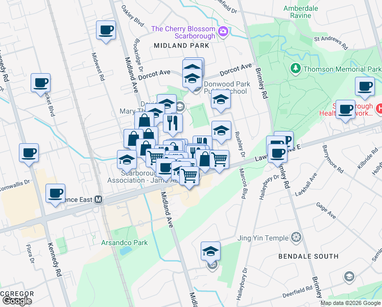 map of restaurants, bars, coffee shops, grocery stores, and more near 5 Brockley Drive in Toronto