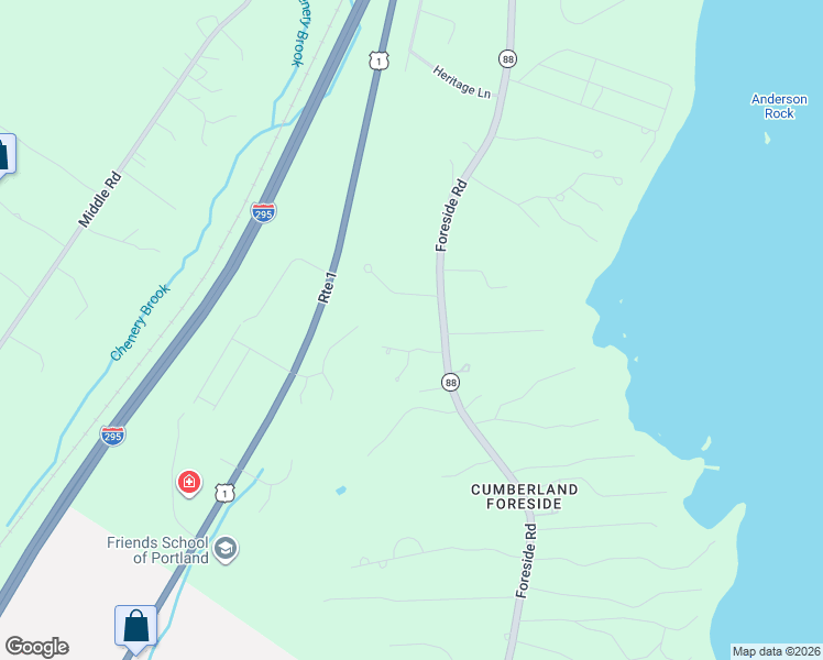map of restaurants, bars, coffee shops, grocery stores, and more near 104 Foreside Road in Cumberland
