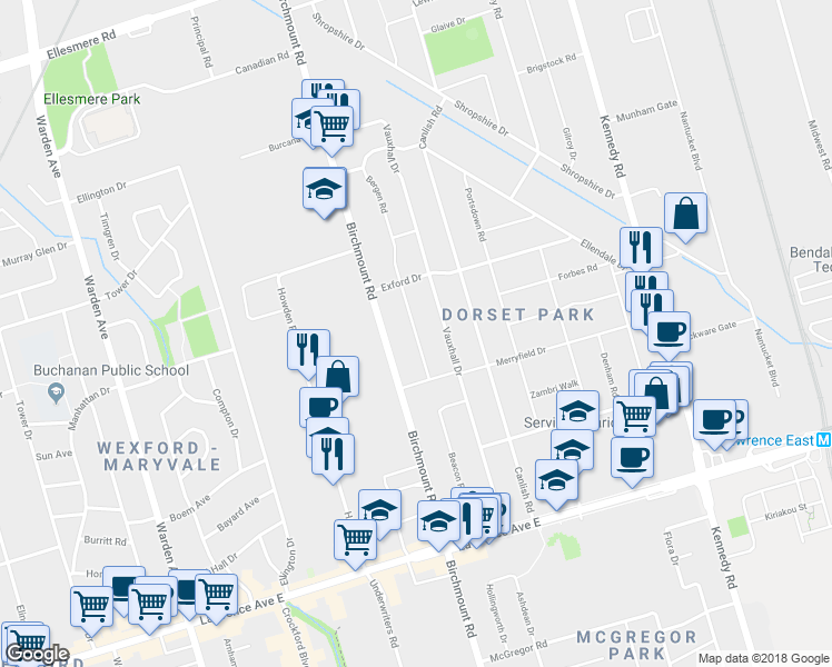 map of restaurants, bars, coffee shops, grocery stores, and more near 18 Bergen Road in Toronto