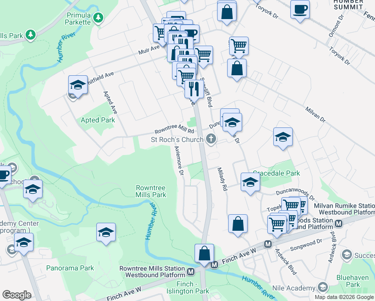 map of restaurants, bars, coffee shops, grocery stores, and more near 42 Franel Crescent in Toronto
