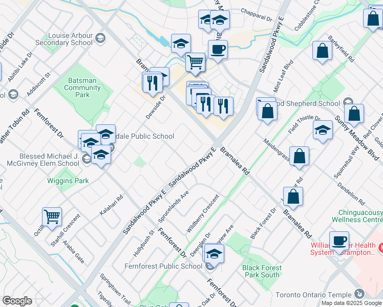 map of restaurants, bars, coffee shops, grocery stores, and more near 21 Desert Sand Drive in Brampton