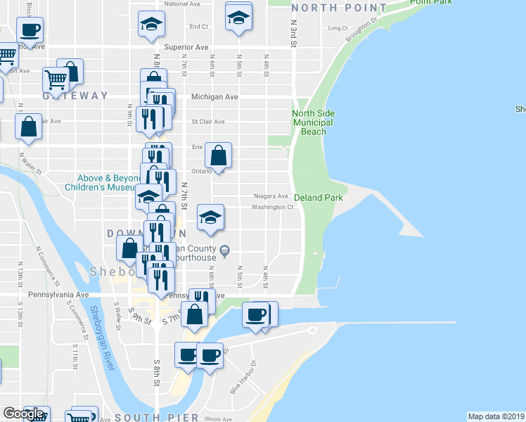 map of restaurants, bars, coffee shops, grocery stores, and more near 401 Washington Court in Sheboygan
