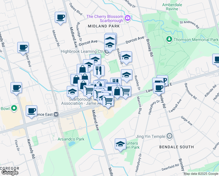 map of restaurants, bars, coffee shops, grocery stores, and more near 3-2650 Lawrence Avenue East in Toronto