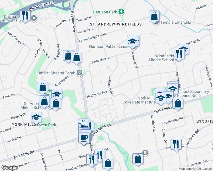 map of restaurants, bars, coffee shops, grocery stores, and more near 36 Rollscourt Drive in Toronto
