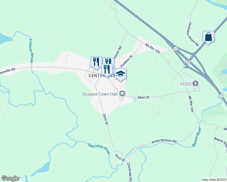 map of restaurants, bars, coffee shops, grocery stores, and more near 65 Main Street in Ossipee