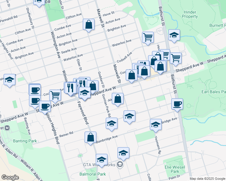 map of restaurants, bars, coffee shops, grocery stores, and more near 757 Sheppard Avenue West in Toronto