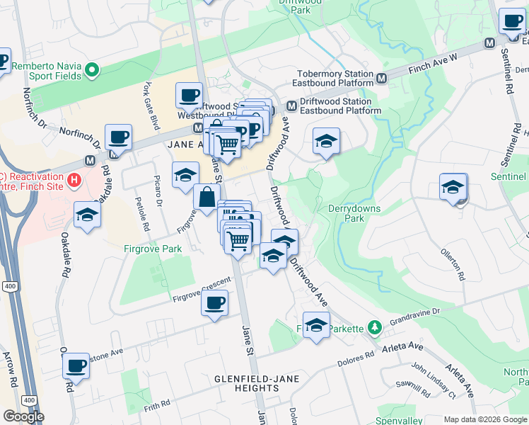map of restaurants, bars, coffee shops, grocery stores, and more near 30 Venetian Crescent in Toronto