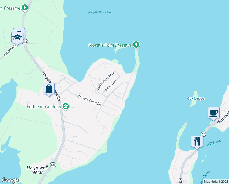 map of restaurants, bars, coffee shops, grocery stores, and more near 11 Windsor Lane in Harpswell