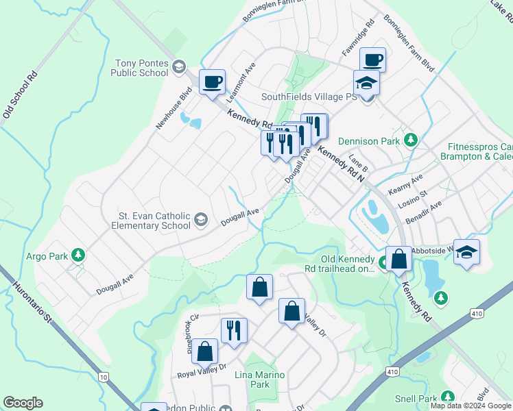 map of restaurants, bars, coffee shops, grocery stores, and more near 448 Dougall Avenue in Caledon