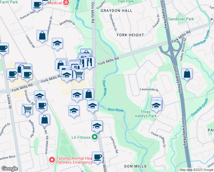 map of restaurants, bars, coffee shops, grocery stores, and more near 12 Bushbury Drive in Toronto