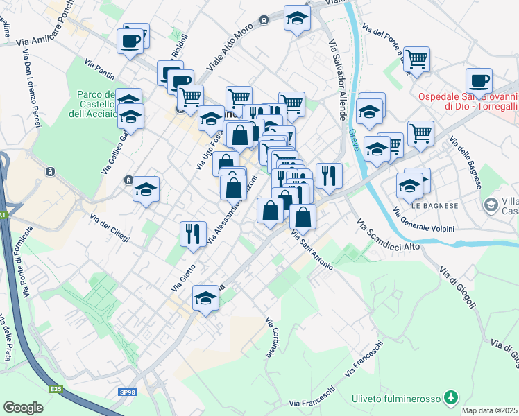 map of restaurants, bars, coffee shops, grocery stores, and more near 2 Via Renato Fucini in Scandicci