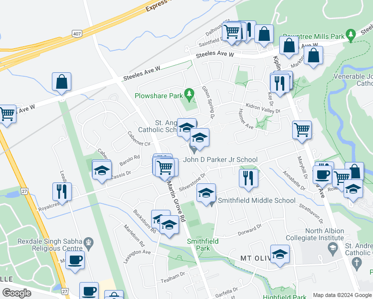 map of restaurants, bars, coffee shops, grocery stores, and more near 1 Scullion Court in Toronto