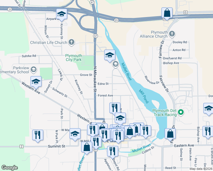 map of restaurants, bars, coffee shops, grocery stores, and more near 109 Edna Street in Plymouth