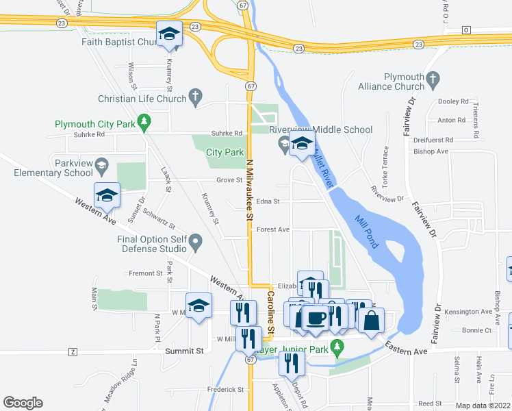 map of restaurants, bars, coffee shops, grocery stores, and more near 537 North Milwaukee Street in Plymouth