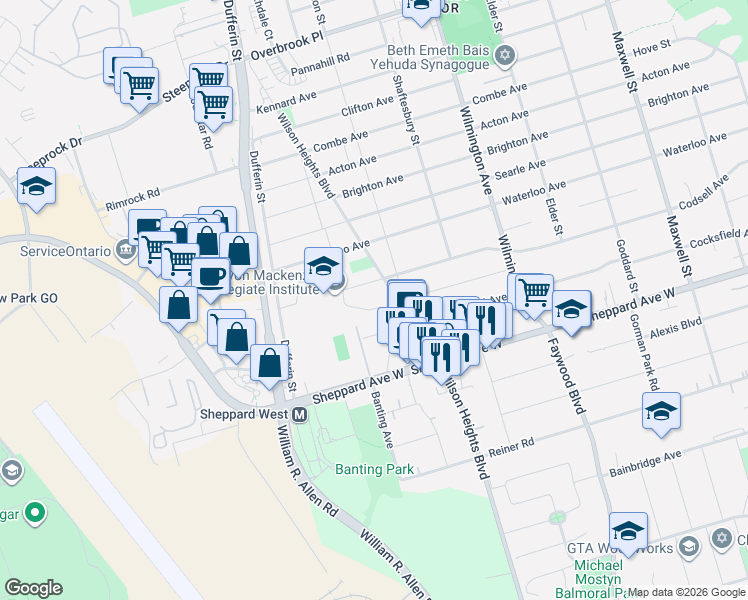 map of restaurants, bars, coffee shops, grocery stores, and more near 29 Tillplain Road in Toronto