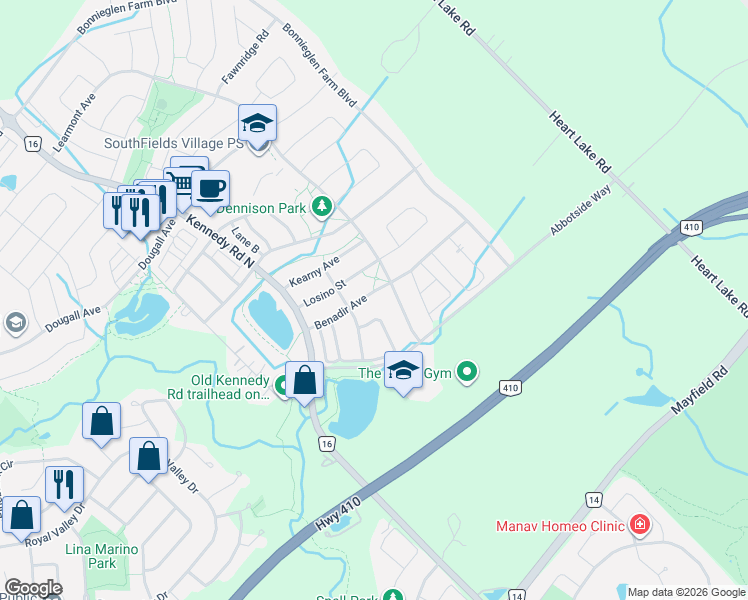 map of restaurants, bars, coffee shops, grocery stores, and more near 25 Benadir Avenue in Caledon