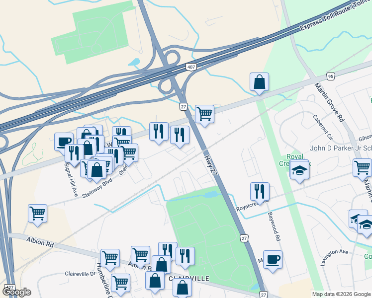 map of restaurants, bars, coffee shops, grocery stores, and more near 44 Goodmark Place in Toronto