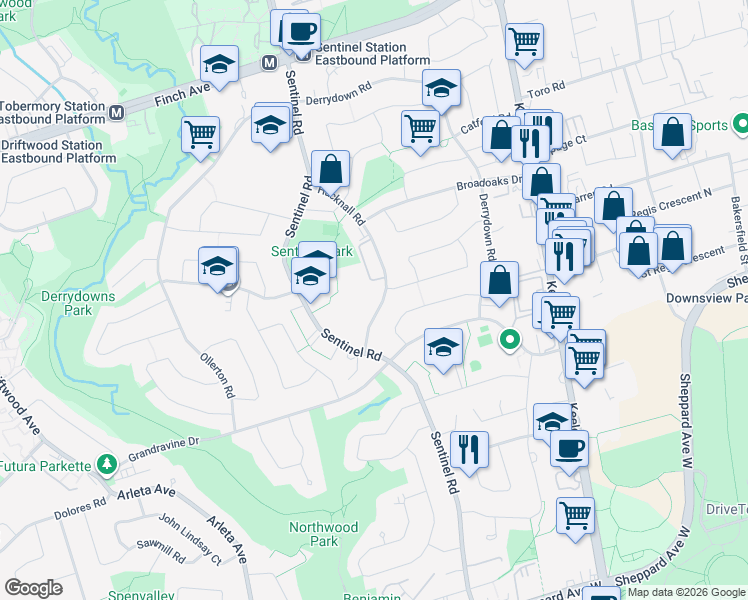 map of restaurants, bars, coffee shops, grocery stores, and more near in Toronto