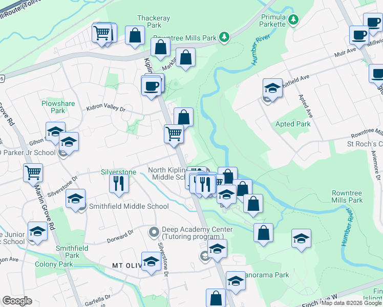 map of restaurants, bars, coffee shops, grocery stores, and more near 2737 Kipling Avenue in Toronto