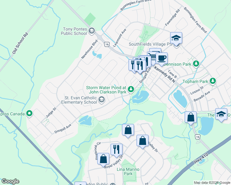 map of restaurants, bars, coffee shops, grocery stores, and more near 25 Vinewood Road in Regional Municipality of Peel