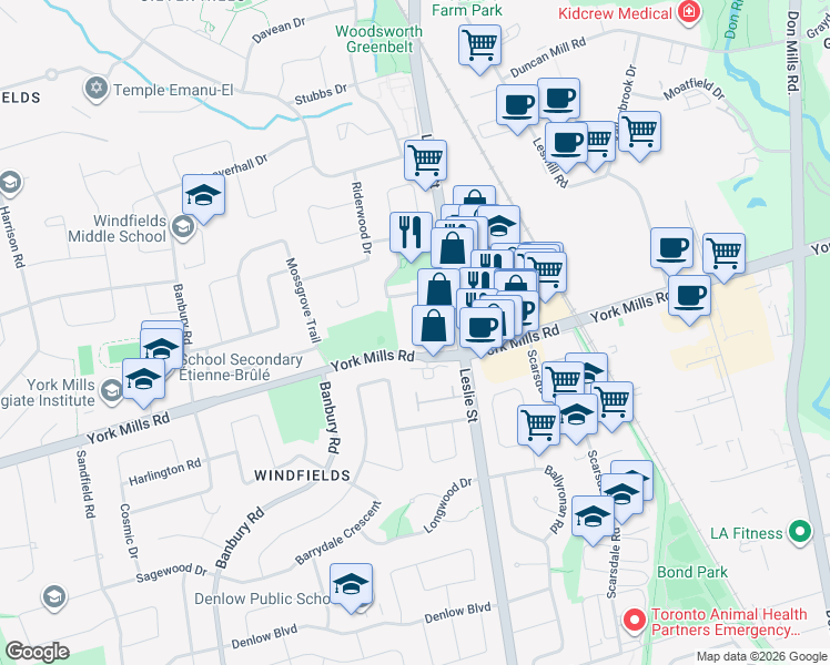 map of restaurants, bars, coffee shops, grocery stores, and more near 740 York Mills Road in Toronto