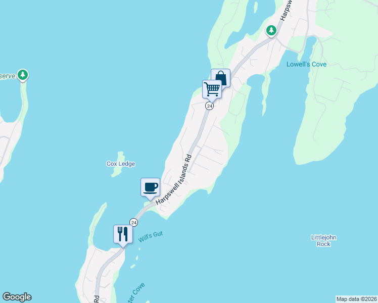 map of restaurants, bars, coffee shops, grocery stores, and more near 30 Spritsail Lane in Harpswell
