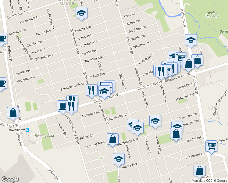 map of restaurants, bars, coffee shops, grocery stores, and more near in Toronto