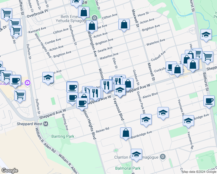 map of restaurants, bars, coffee shops, grocery stores, and more near in Toronto