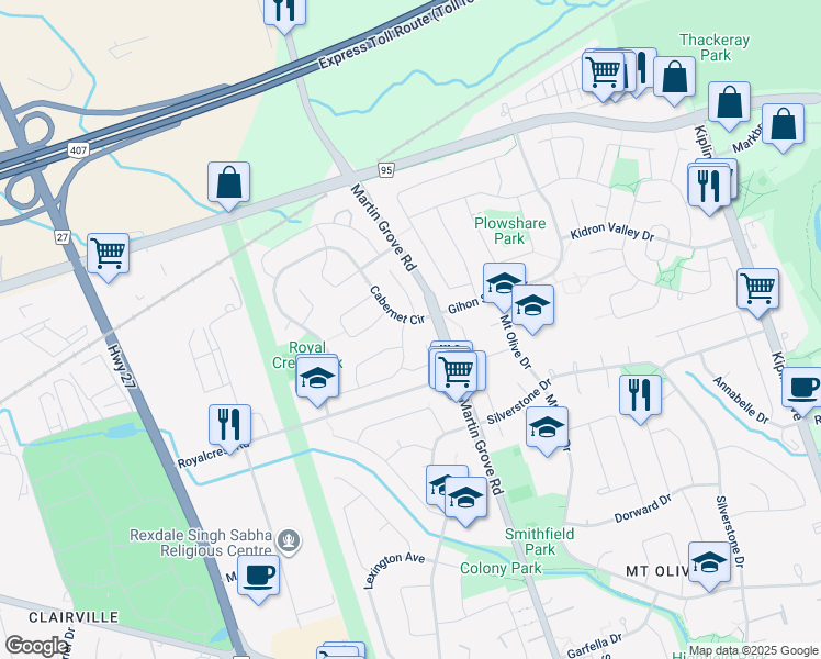 map of restaurants, bars, coffee shops, grocery stores, and more near in Toronto