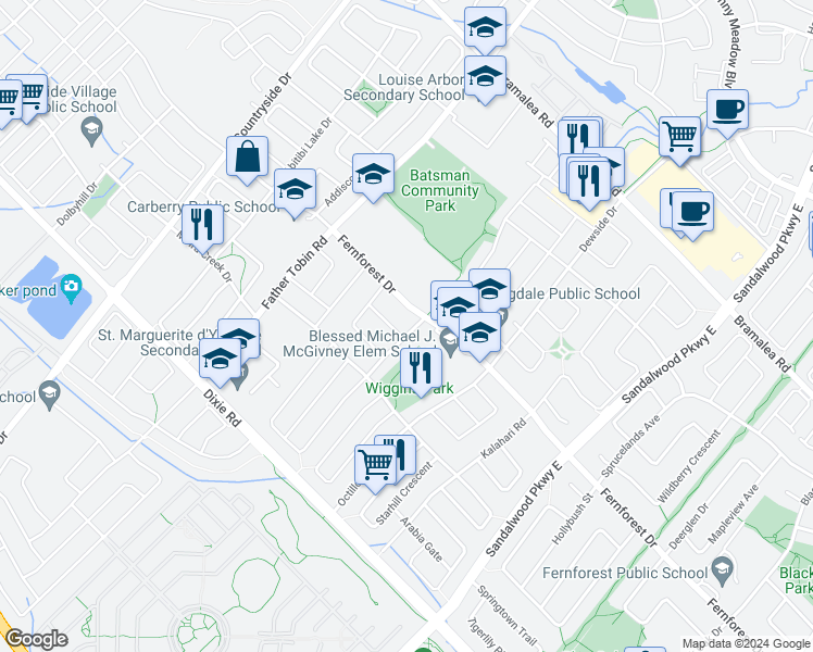 map of restaurants, bars, coffee shops, grocery stores, and more near 8 Hartwell Gate in Brampton