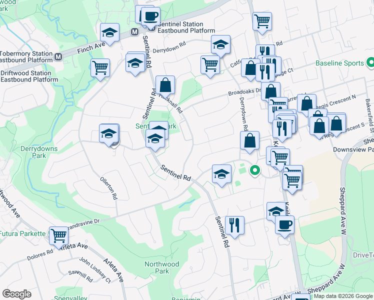 map of restaurants, bars, coffee shops, grocery stores, and more near 36 Hucknall Road in Toronto
