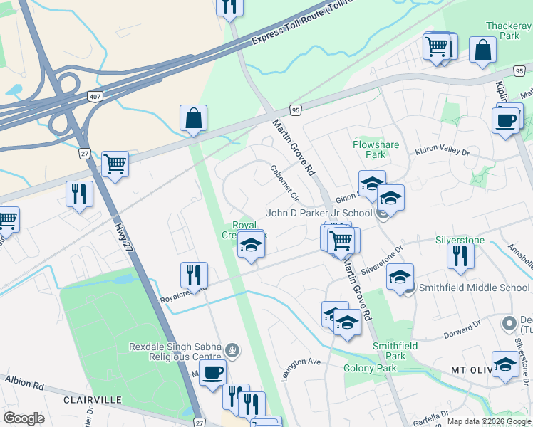 map of restaurants, bars, coffee shops, grocery stores, and more near 43 Bordeaux Circuit in Toronto