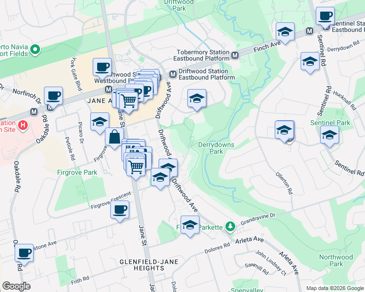 map of restaurants, bars, coffee shops, grocery stores, and more near 14 London Green Court in Toronto