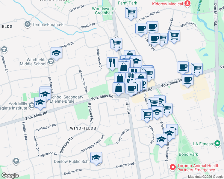 map of restaurants, bars, coffee shops, grocery stores, and more near 740 York Mills Road in Toronto