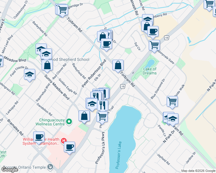 map of restaurants, bars, coffee shops, grocery stores, and more near 128 Clover Bloom Road in Brampton