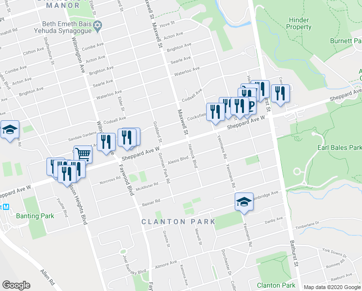 map of restaurants, bars, coffee shops, grocery stores, and more near 747 Sheppard Avenue West in Toronto