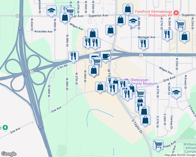 map of restaurants, bars, coffee shops, grocery stores, and more near 3347 Kohler Memorial Drive in Sheboygan