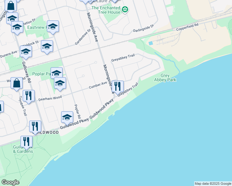map of restaurants, bars, coffee shops, grocery stores, and more near 11 Morningside Avenue in Toronto