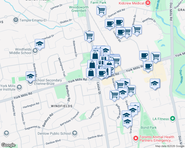 map of restaurants, bars, coffee shops, grocery stores, and more near 750 York Mills Road in Toronto
