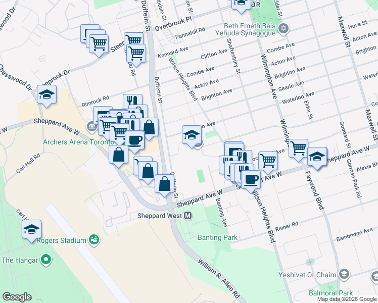 map of restaurants, bars, coffee shops, grocery stores, and more near 20 Tillplain Road in Toronto