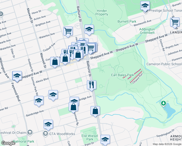 map of restaurants, bars, coffee shops, grocery stores, and more near 4209 Bathurst Street in Toronto