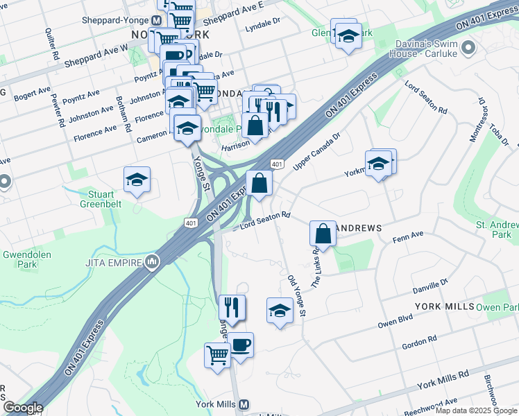 map of restaurants, bars, coffee shops, grocery stores, and more near 14 Oaken Gate Way in Toronto
