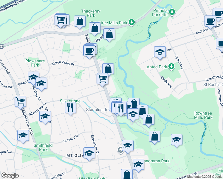 map of restaurants, bars, coffee shops, grocery stores, and more near 2737 Kipling Avenue in Toronto