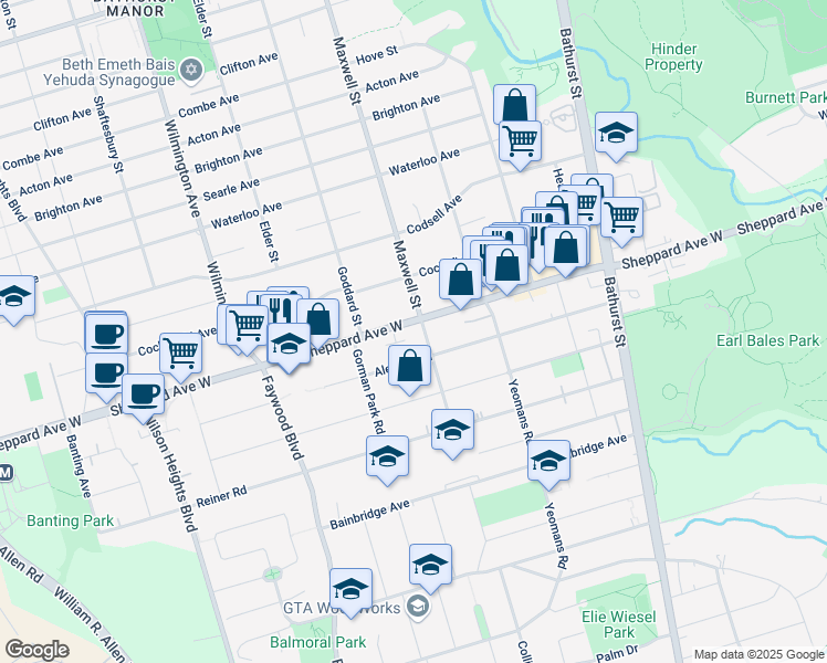 map of restaurants, bars, coffee shops, grocery stores, and more near 747 Sheppard Avenue West in Toronto