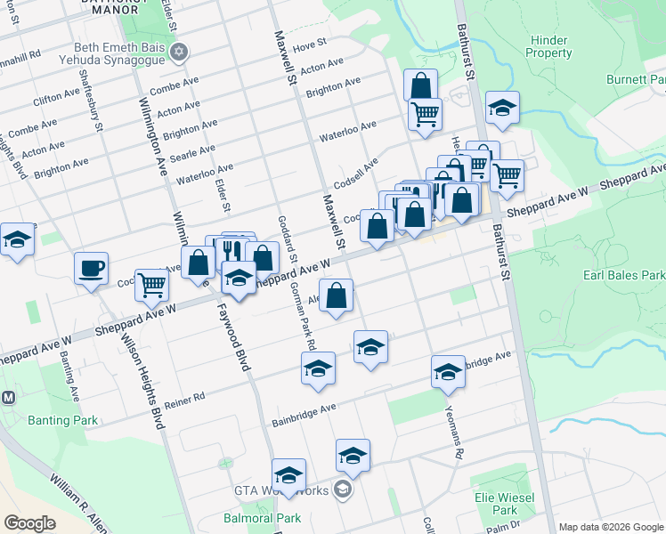 map of restaurants, bars, coffee shops, grocery stores, and more near 741 Sheppard Avenue West in Toronto