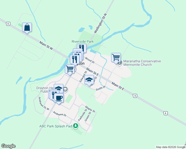 map of restaurants, bars, coffee shops, grocery stores, and more near 41 Main Street East in Drayton