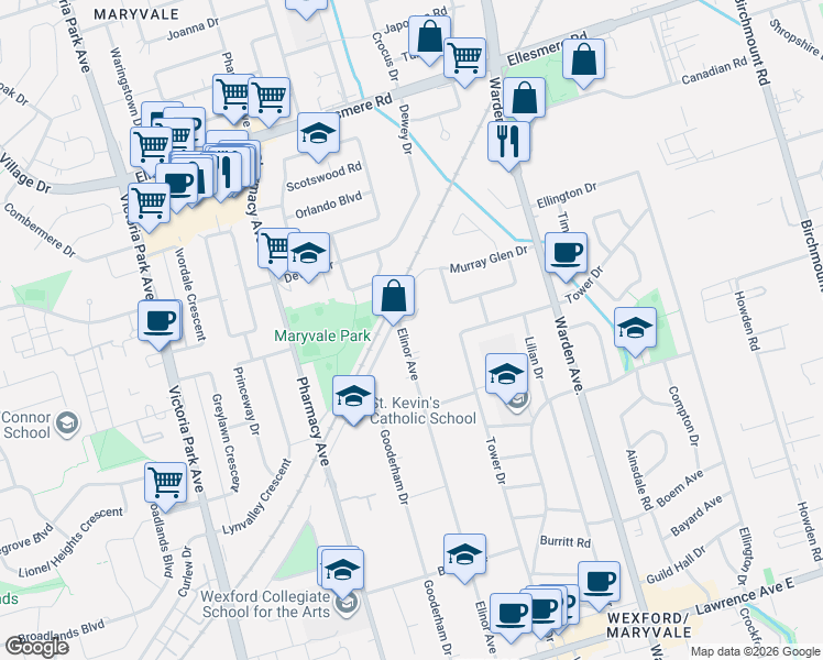 map of restaurants, bars, coffee shops, grocery stores, and more near 135 Elinor Avenue in Toronto