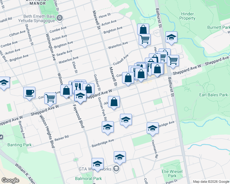 map of restaurants, bars, coffee shops, grocery stores, and more near 741 Sheppard Avenue West in Toronto