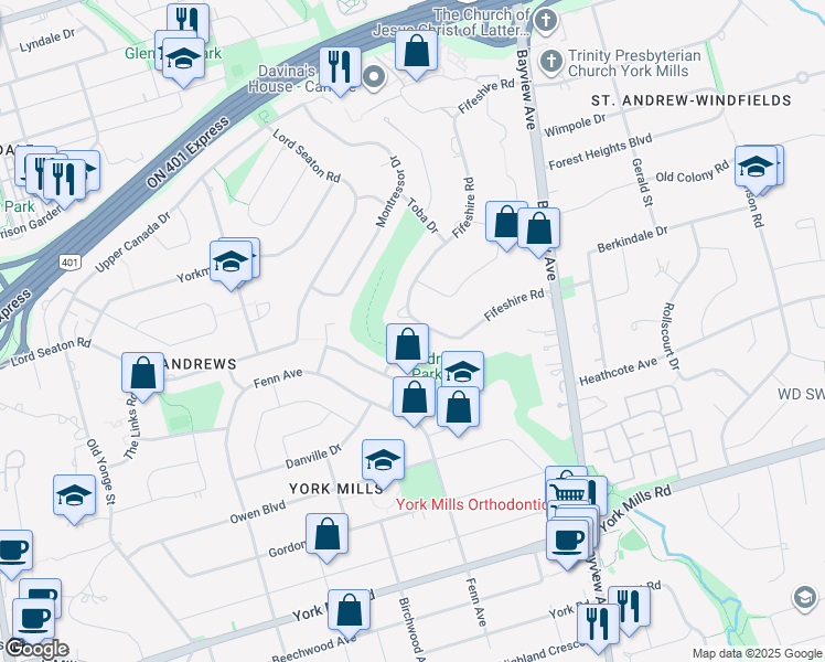 map of restaurants, bars, coffee shops, grocery stores, and more near 30 Fifeshire Road in Toronto